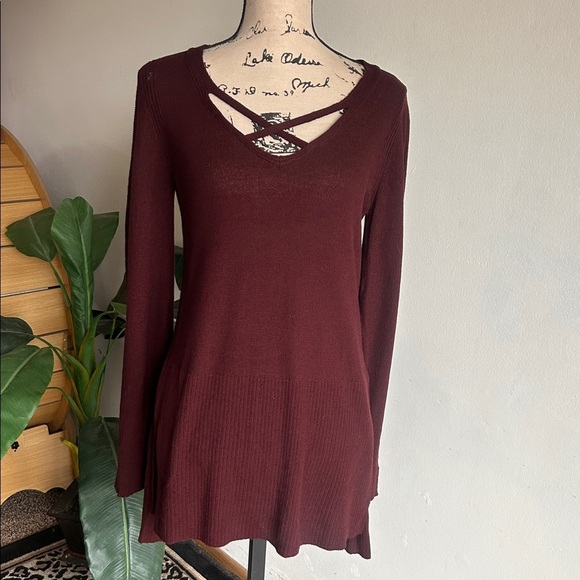 Free People Criss Cross Boho Tunic Mocha Sweater Size Small - Picture 3 of 14